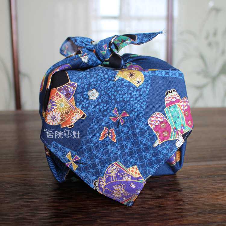 日本制进口布料全棉烫金布和风娃娃蓝色大手帕包袱皮风吕敷52cm