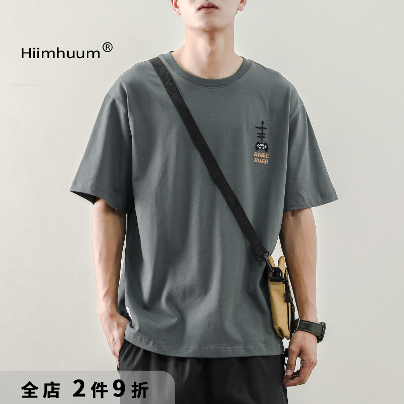 夏季日系复古刺绣潮男韩版百搭宽松短袖T恤青少年休闲圆领打底衫