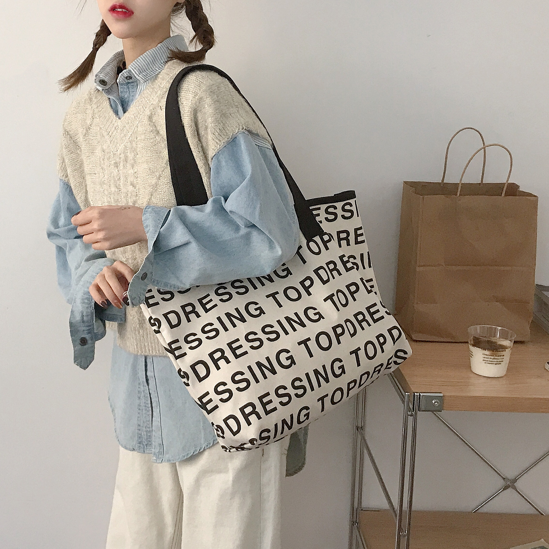 唐糖女学生帆布包简约购物袋手拎韩风慵懒包袋包慵懒女士包袋