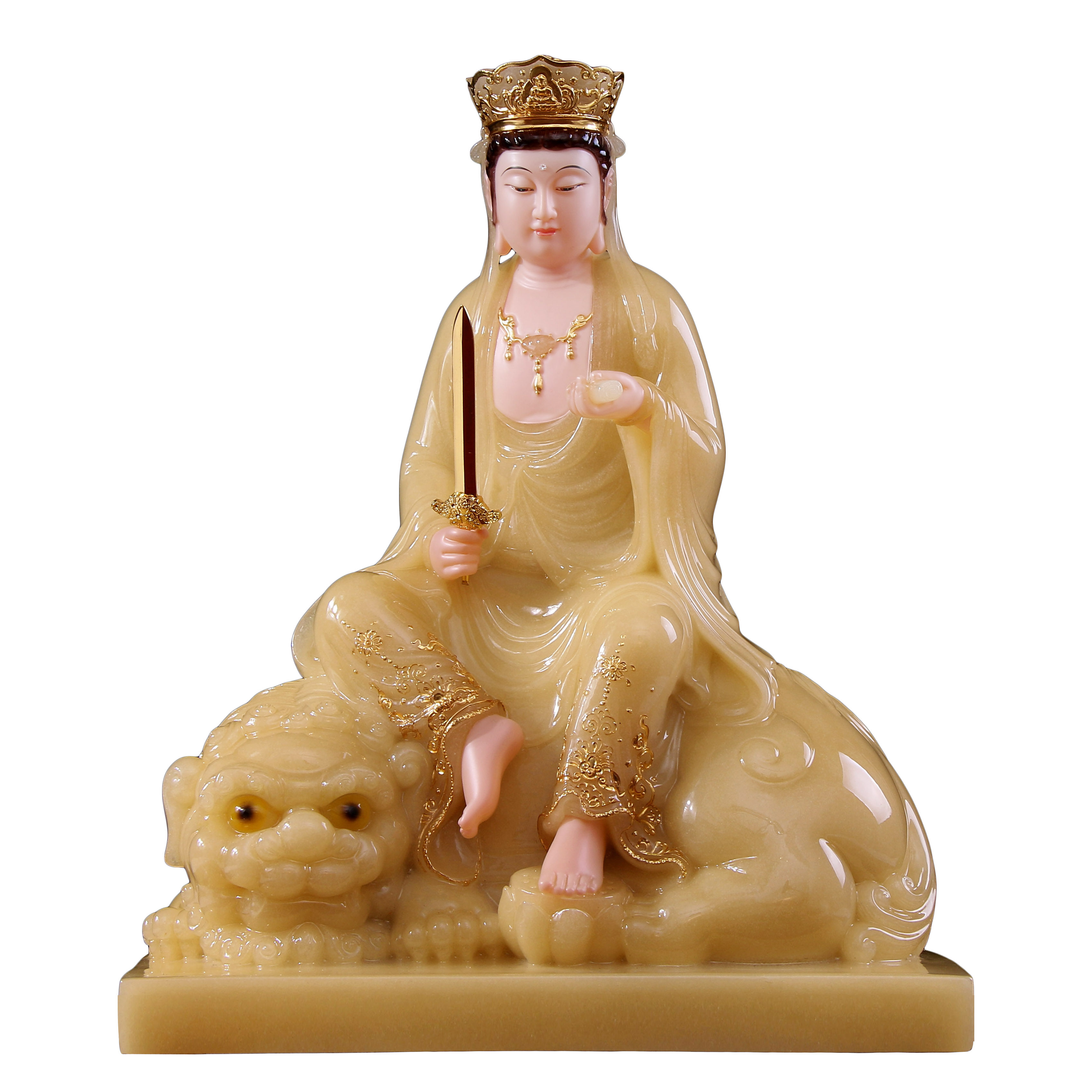 菩萨汉白玉石雕文殊佛像家居供佛摆件文殊普坐像摆件