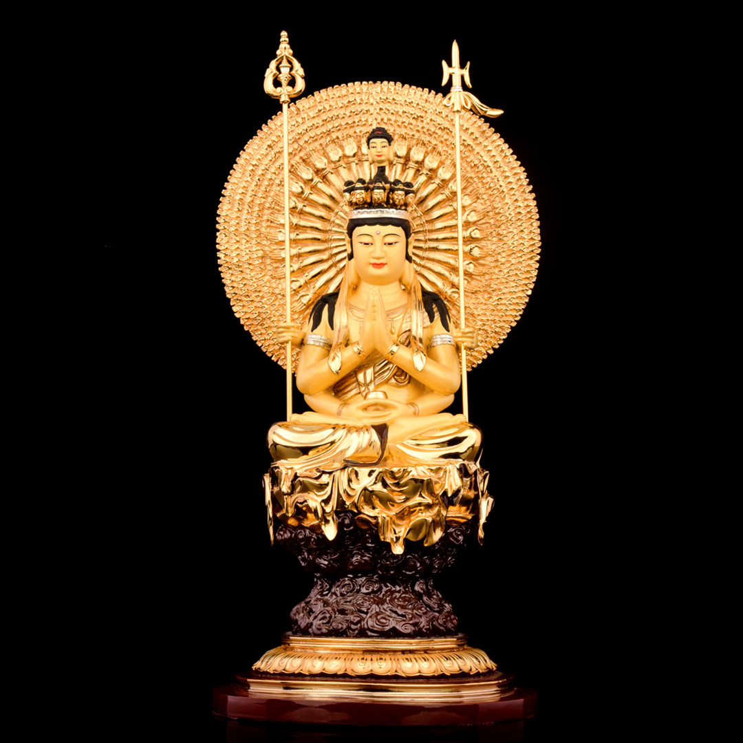 台湾盛凡鎏金千手观音佛像供奉纯铜千手眼观世音摆件
