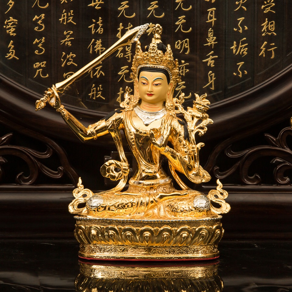台湾纯铜金文殊师菩萨供奉藏传密宗大智慧举剑文摆件