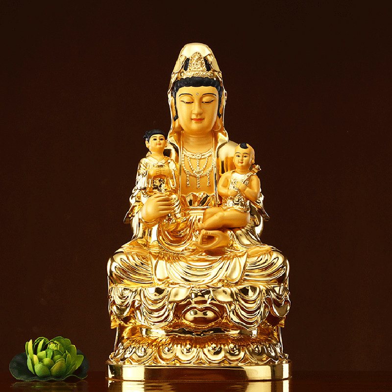 台湾纯铜贴金送子观音佛像供奉求子送子娘娘观世音摆件