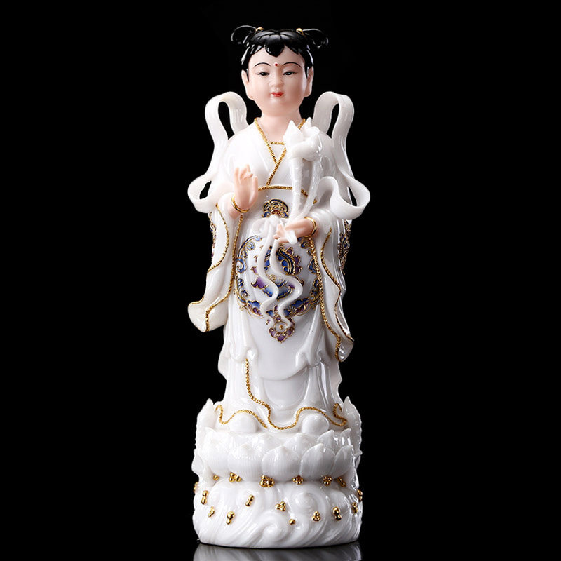 汉白玉石雕金童玉女佛像摆件龙女善财童子供奉观音摆件
