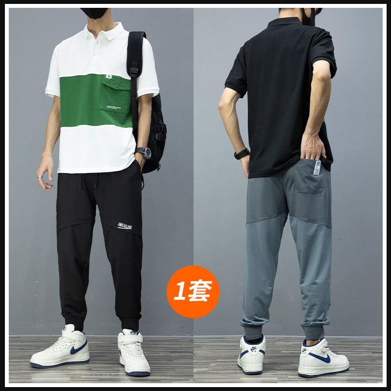 薄款短袖夏季时尚翻领POLO衫男士2022新款潮流冰丝休闲运动套装男