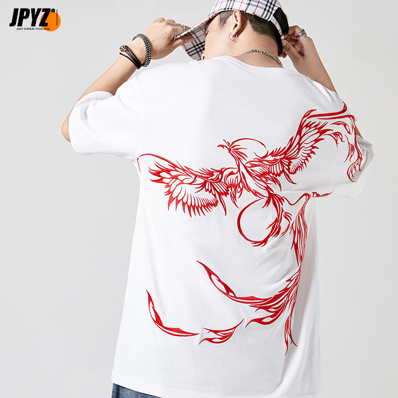 国风半截袖男士短袖T恤纯棉白色宽松大码凤凰刺绣国潮牌半袖衣服