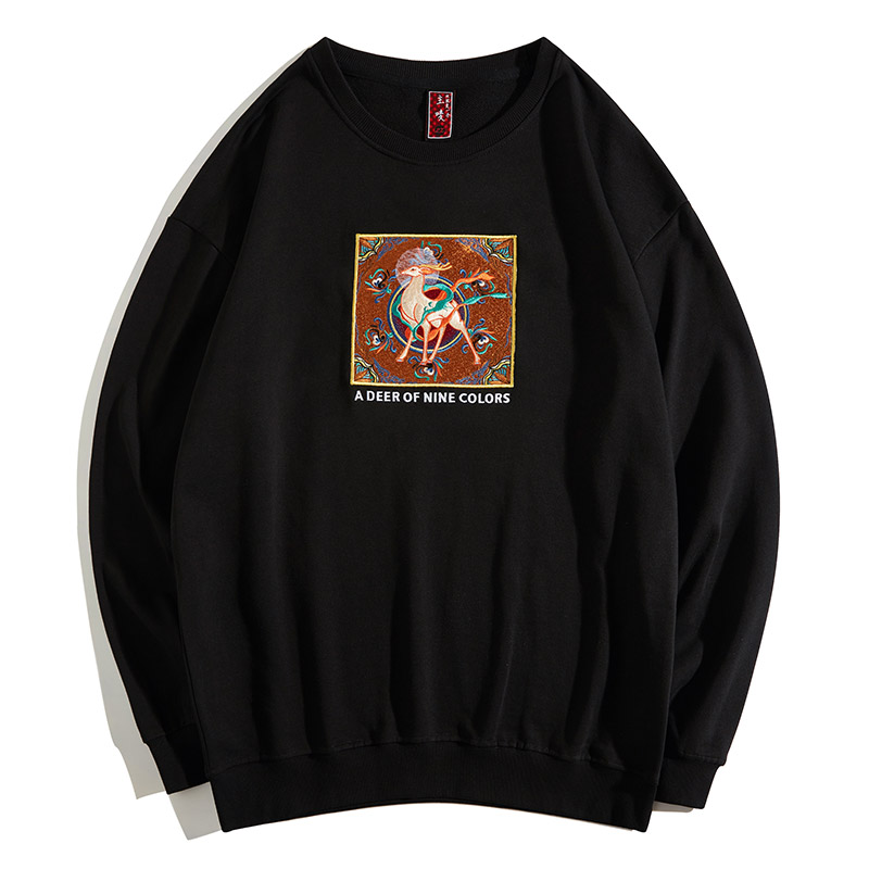 中国古风国潮刺绣高级感圆领卫衣男秋冬加绒情侣潮牌打底衫2021