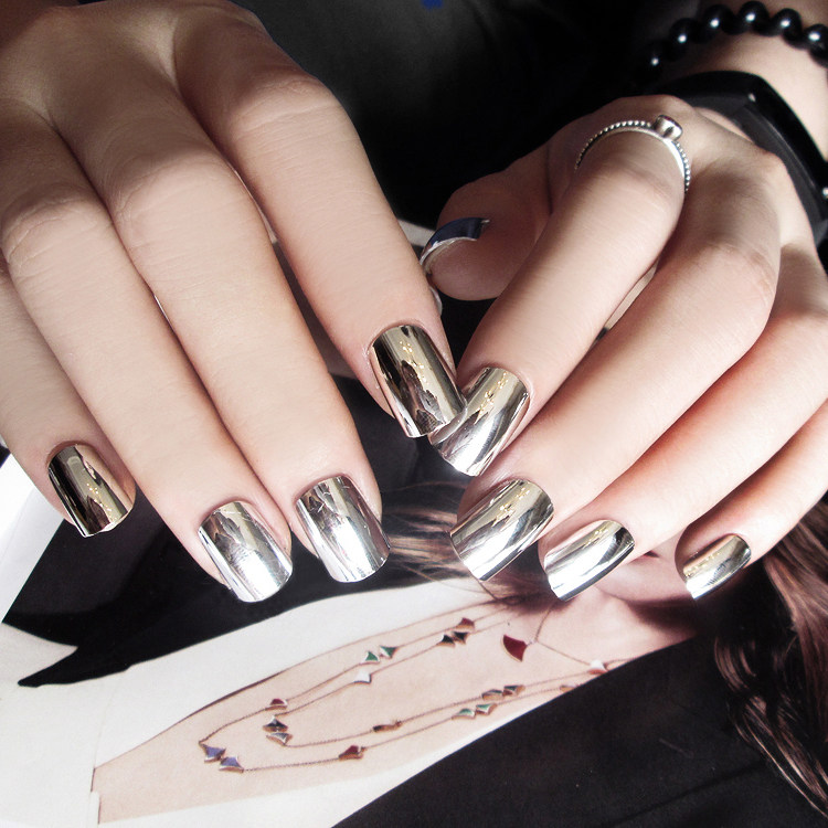 指甲成品美甲贴片方圆头短短款银色金属镜面美甲工具