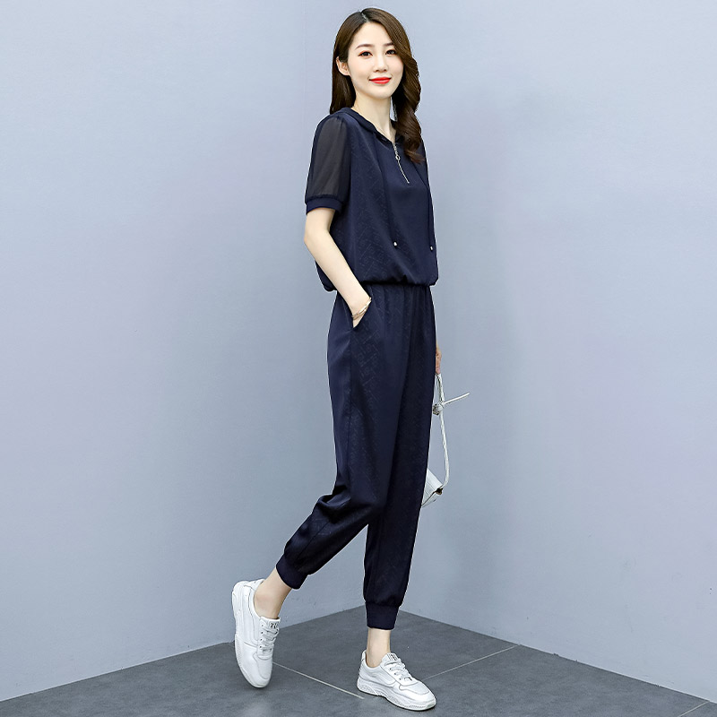 冰丝运动套装女夏季2022新款时尚洋气减龄休闲时髦短袖两件套2021