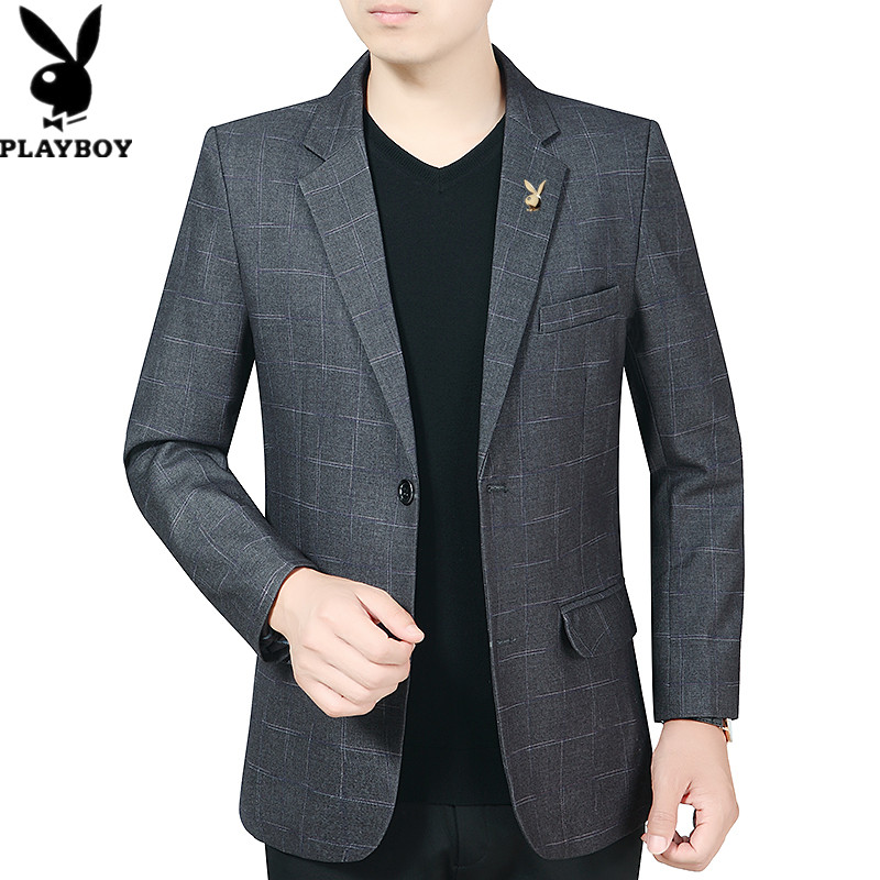 花花公子春秋新款小西装男外套韩版修身中年休闲西服抗皱单西上衣