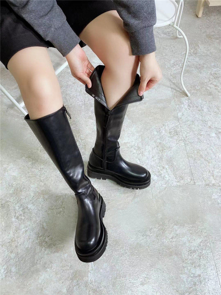 韩国长靴2020秋冬新款圆头松糕厚底拉链黑色时装靴