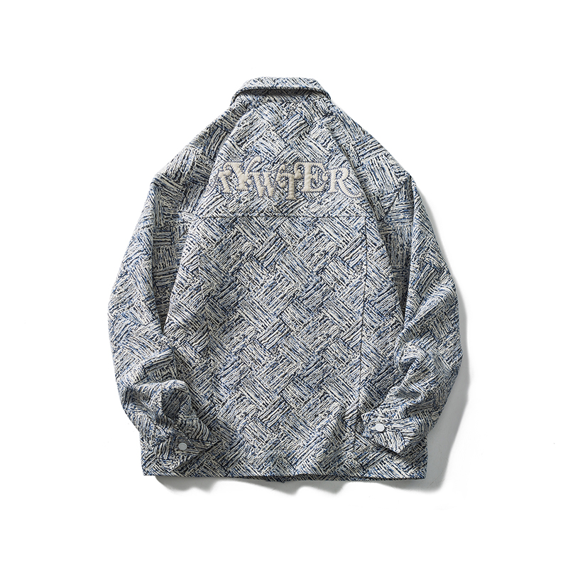 美式潮牌ins秋季国潮高街新款重磅蓝白斜纹重工贴布绣夹克外套男