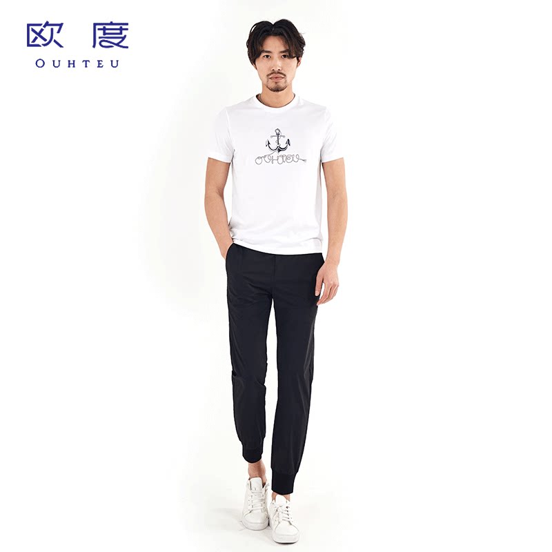 ouhteu欧度短袖白色绣花工艺男士休闲合身版型t恤