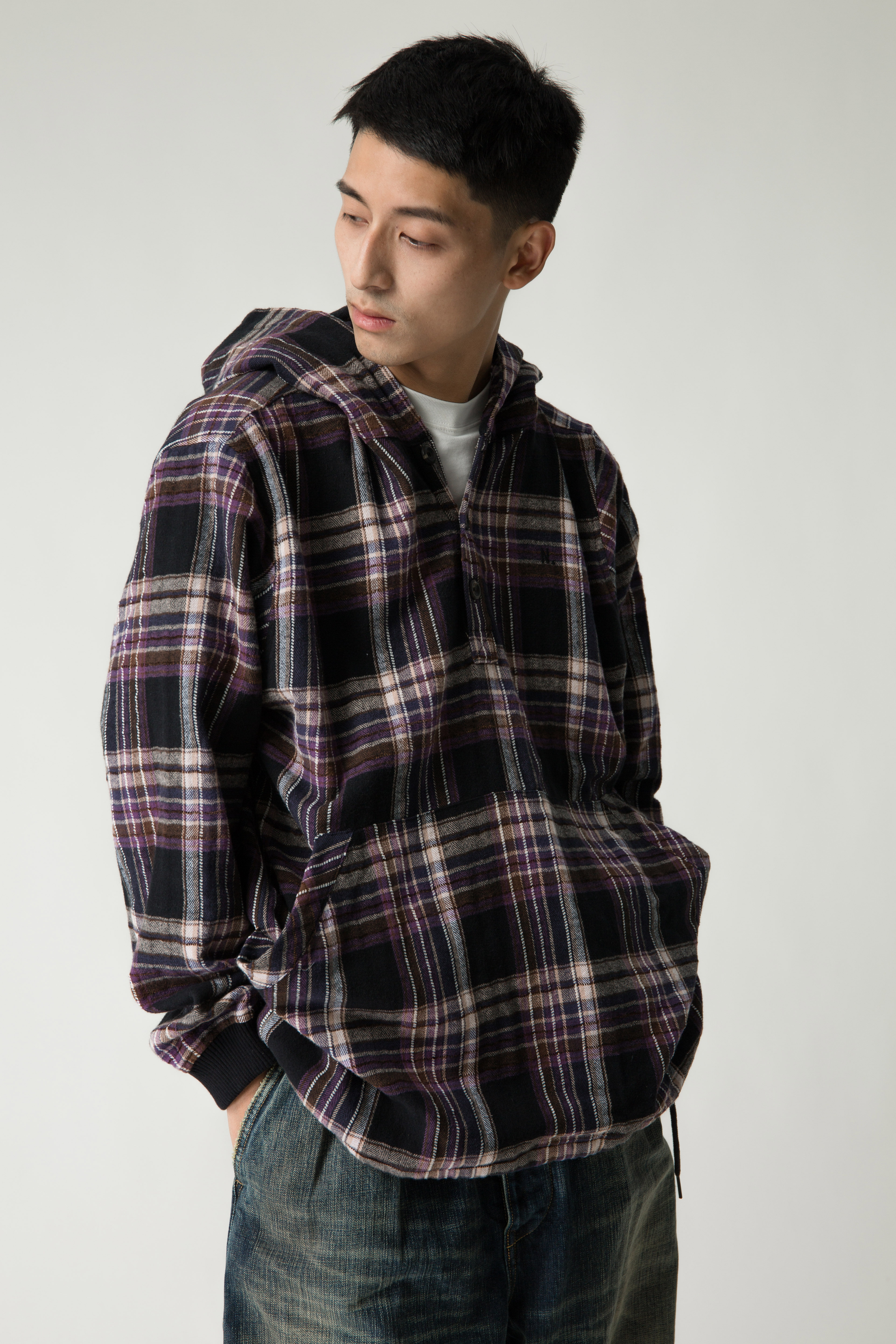 ngoarmy20fw格子连帽衬衫长袖潮格宽松情侣外套衬衫