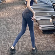 HiSunday Elastic Movement Denim Yoga Pants High Waist Lifting Hip Close-up Running Training Sports Tight Fit Pants Outside