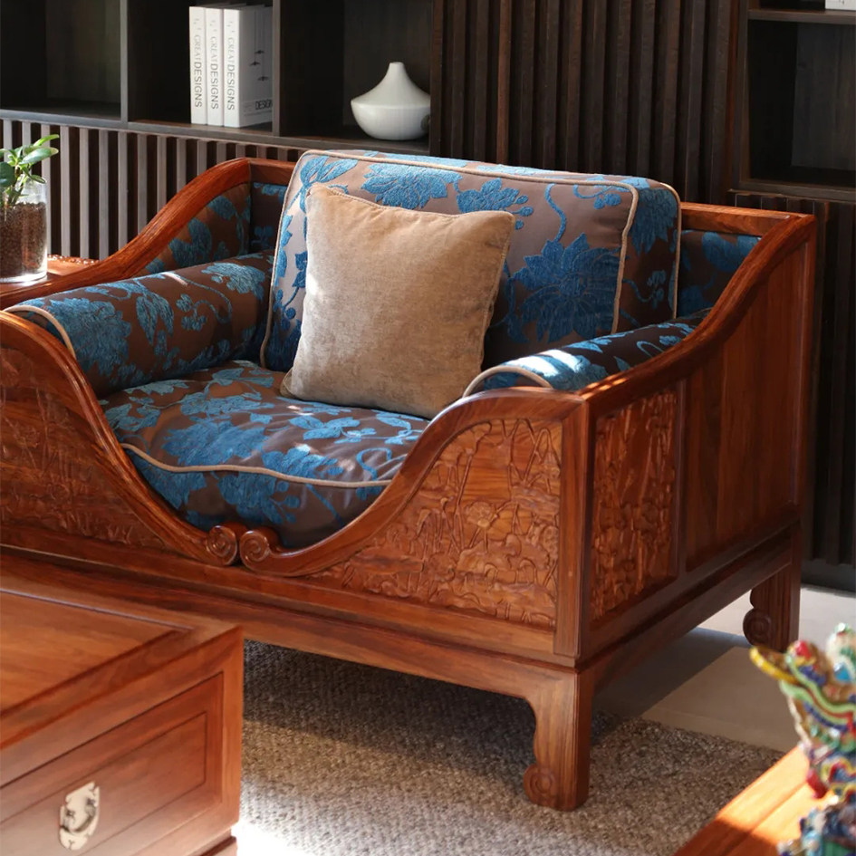新中式中式刺猬紫檀红木家具客厅实木雕花京瓷荷塘月色红木沙发