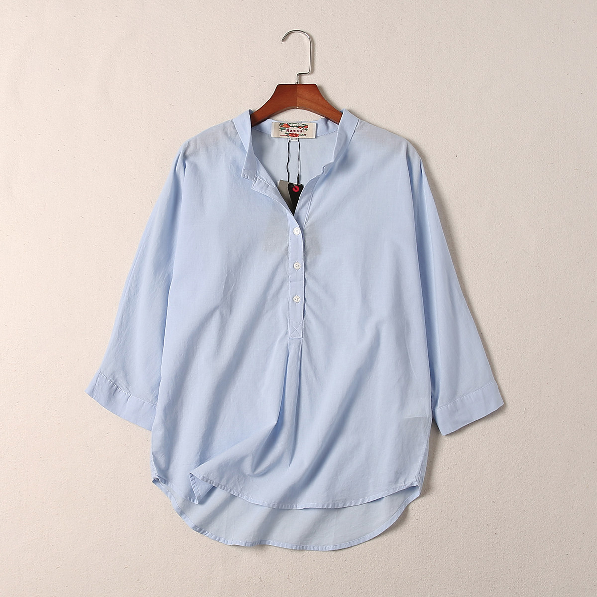 韩国夏季新款宽松简约纯色半开领插九分立领衬衫
