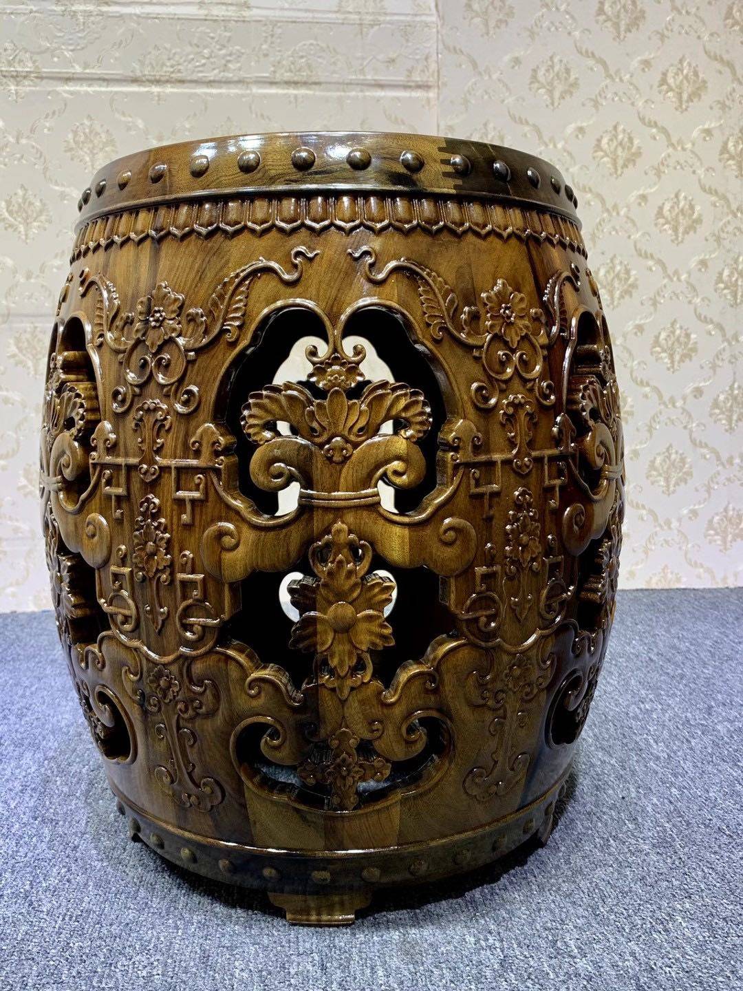 金丝楠木乌木圆鼓镂空雕刻木雕摆件工艺礼品复古摆件