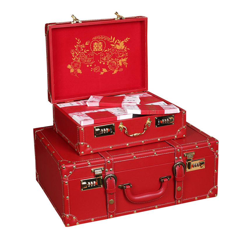 订婚彩礼箱礼金箱新娘结婚箱陪嫁妆箱子红色皮箱10万20密码手提箱