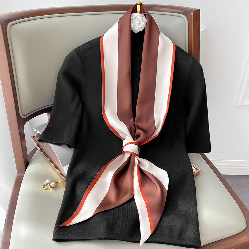 法式拼色复古装饰领巾搭配衬衫长条飘带丝巾围巾