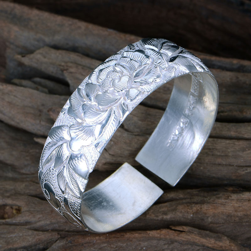 星顺雪花手镯纯银云南手工富贵牡丹手镯