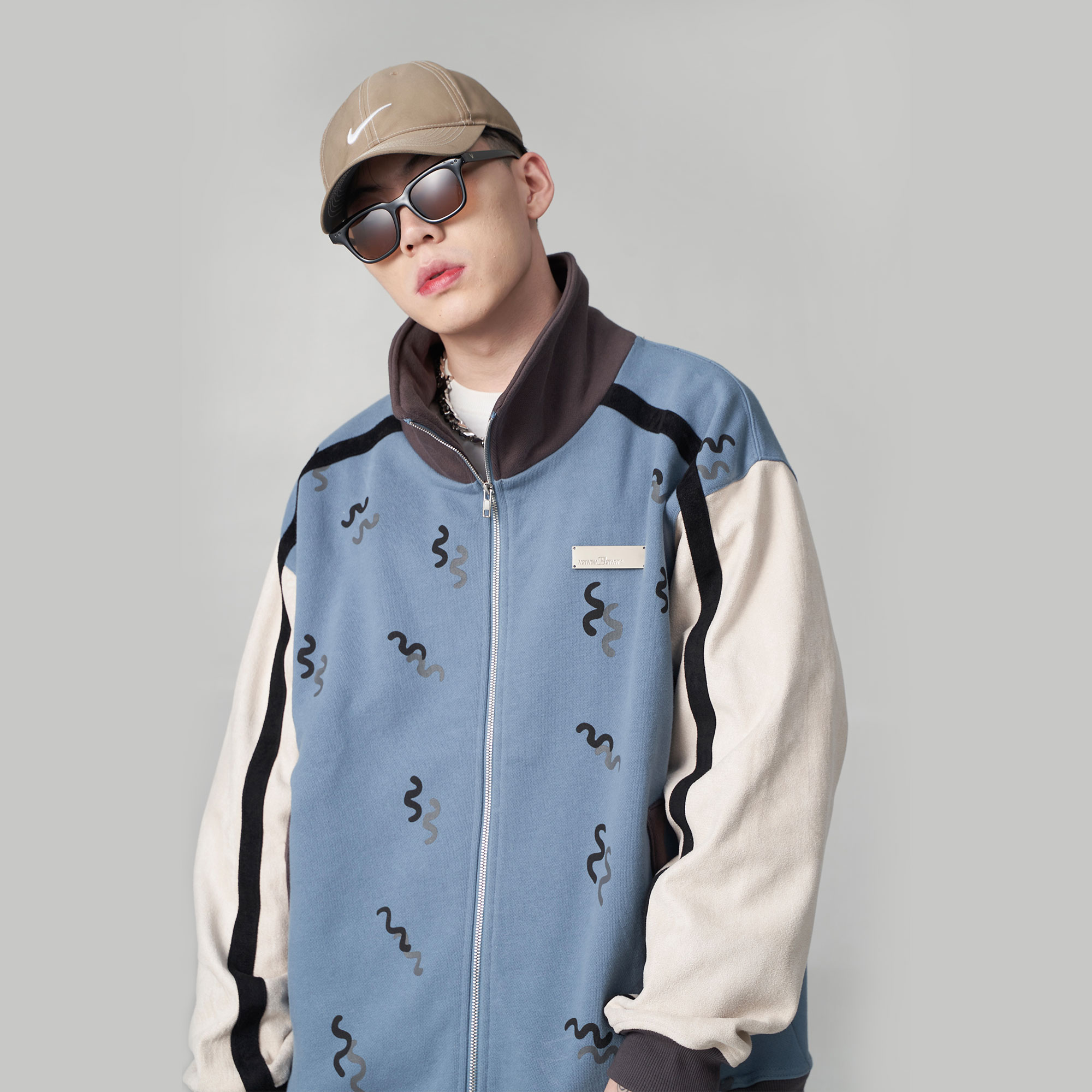 NSTNEW START外套男春秋新款麂皮绒拼接波浪高领休闲潮流情侣夹克