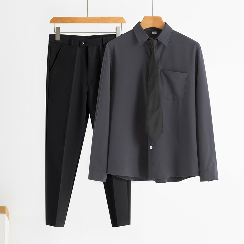 港风日系长袖衬衫西裤套装男休闲一套搭配帅气原宿风春季潮流百搭