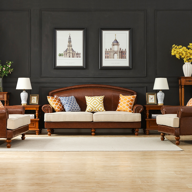 沙发美式实木组合1 2 3客厅简约真皮沙发原木家具实木沙发