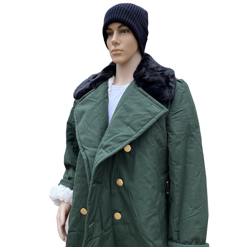 男款秋冬纯色保暖防寒户外摆摊长途搬砖双排扣长款绿色羊皮大衣