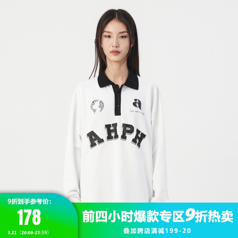 AHPH21AW国潮牌秋季情侣嘻哈长袖T恤潮流印花宽松纯棉POLO打底衫