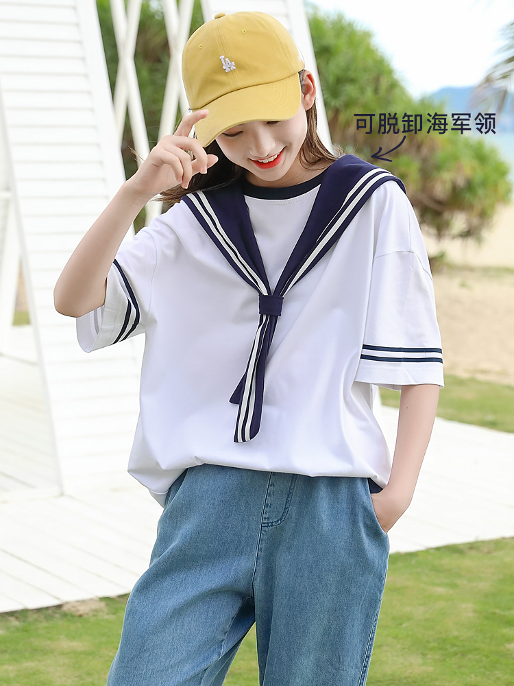 芭拉校服中学生个性纯棉短袖水手女学生新款夏季t恤