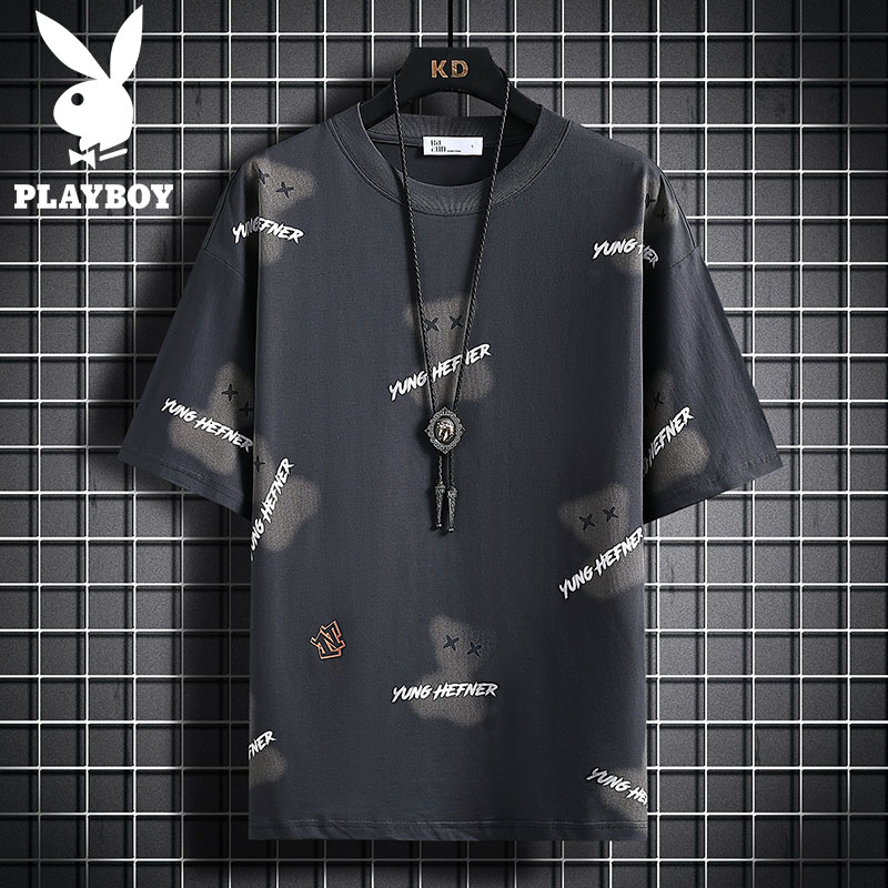花花公子纯棉夏季小熊印花短袖t恤男2022宽松潮牌打底衫百搭体恤