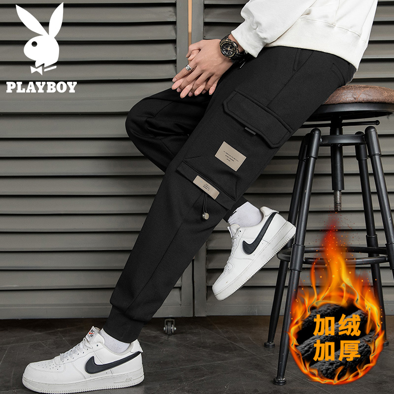 花花公子秋冬季休闲裤男士潮流工装裤加绒加厚百搭宽松束脚长裤子