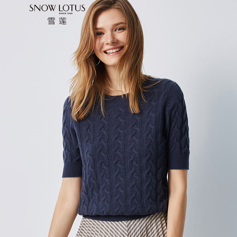 snowlotus雪莲羊绒衫女士圆领套头短袖绞花针织毛针织衫