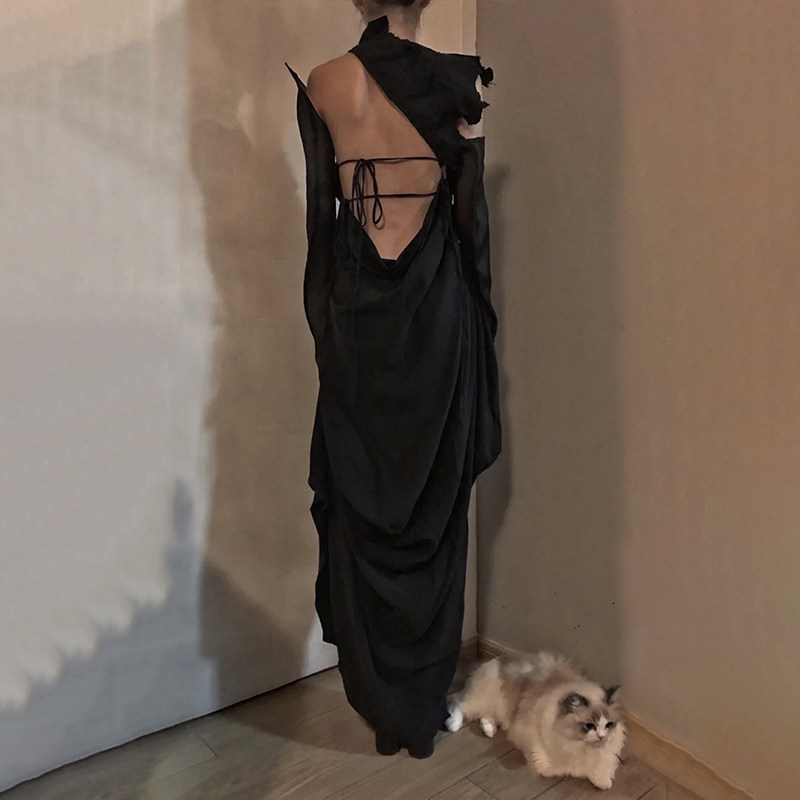 simsim新品原创设计立裁连衣裙长袖长裙高腰blank连衣裙