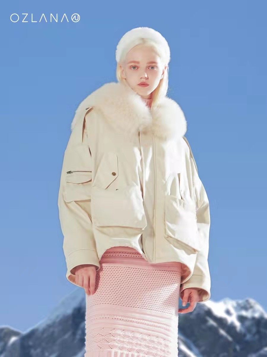 ozlana2021秋冬工装派克服皮毛一体大毛领濑兔毛皮草大衣女