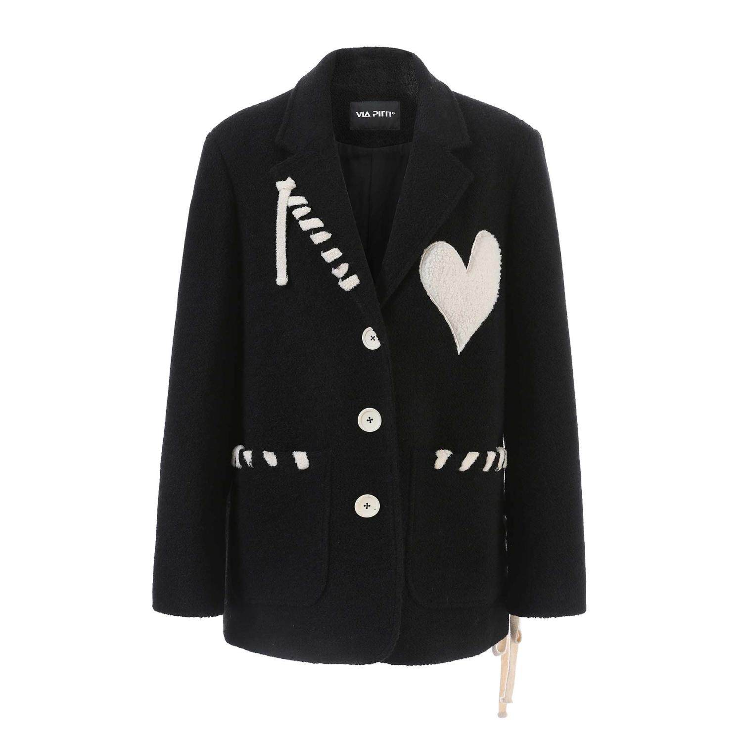 mom买手店viapitti冬季新款爱心加厚毛呢织带爱心西装女休闲宽松