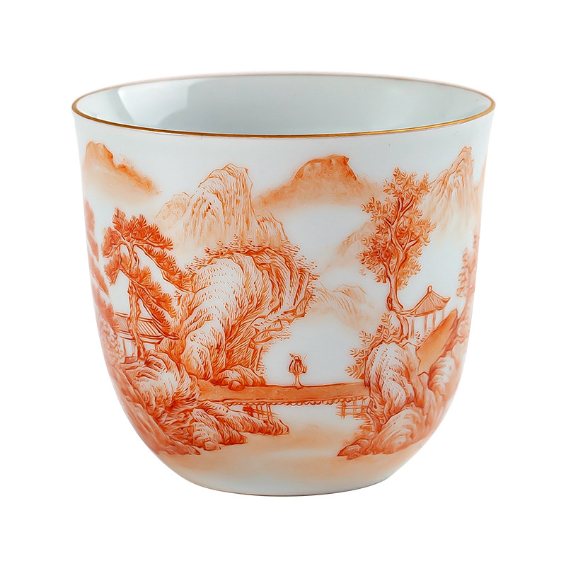 茶杯景德镇仿古陶瓷手绘矾红山水品茗手工主人茶杯