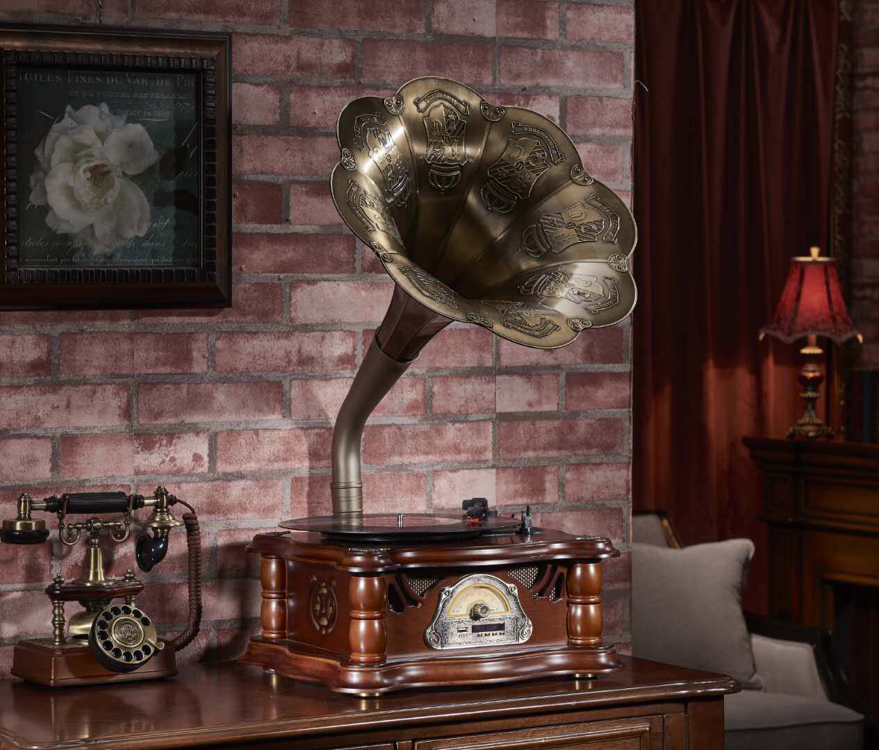 洛斯贝拉欧式老式镀铜仿古喇叭实木复古黑胶唱片机摆件