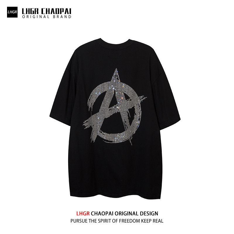 LHGR原创潮牌重工T恤女欧货镶钻设计感潮牌嘻哈短袖男宽松上衣夏