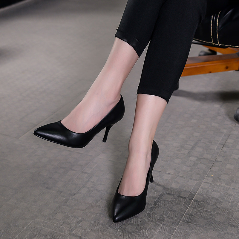 意尔康单鞋女真皮高跟鞋女细尖头职业工作鞋黑色酒店单鞋