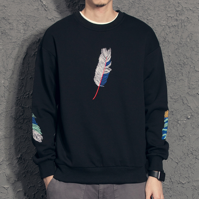 奕飏羽毛刺绣男士卫衣春秋款圆领卫衣男潮流韩版ins黑色春薄外套