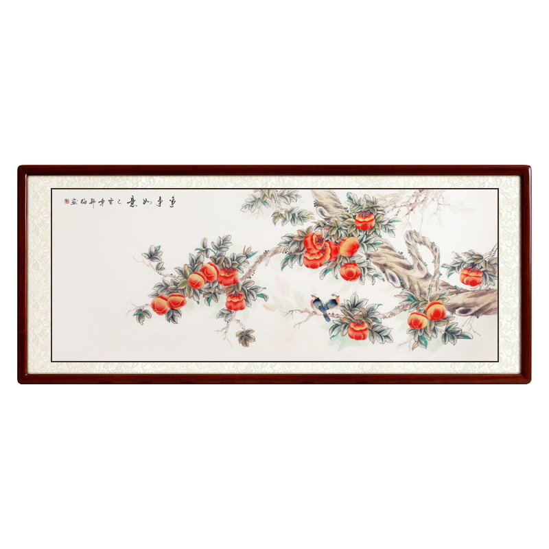 中式国画事事如意柿子客厅沙发横幅壁画手绘现代装饰画