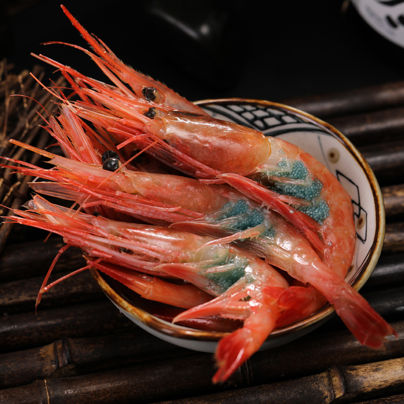甜虾刺身北极俄罗斯腹籽虾冰特大寿司生吃即食冻虾