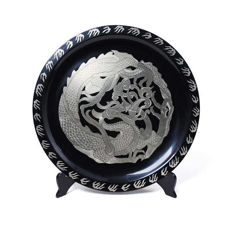 成都漆器雕银丝光蟠龙圆盘漆器
