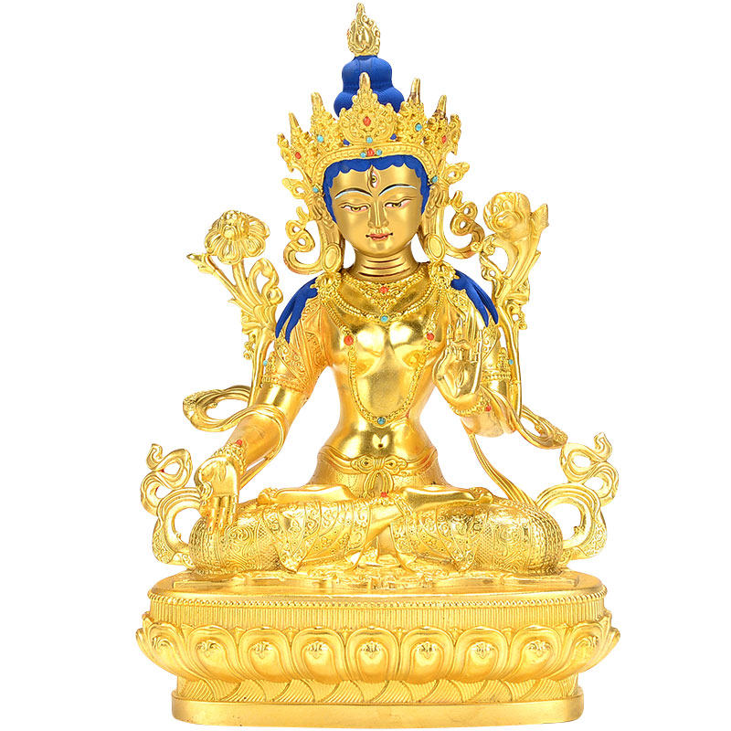 藏村白度母佛像西藏手工纯铜全鎏10寸雕花客厅摆件