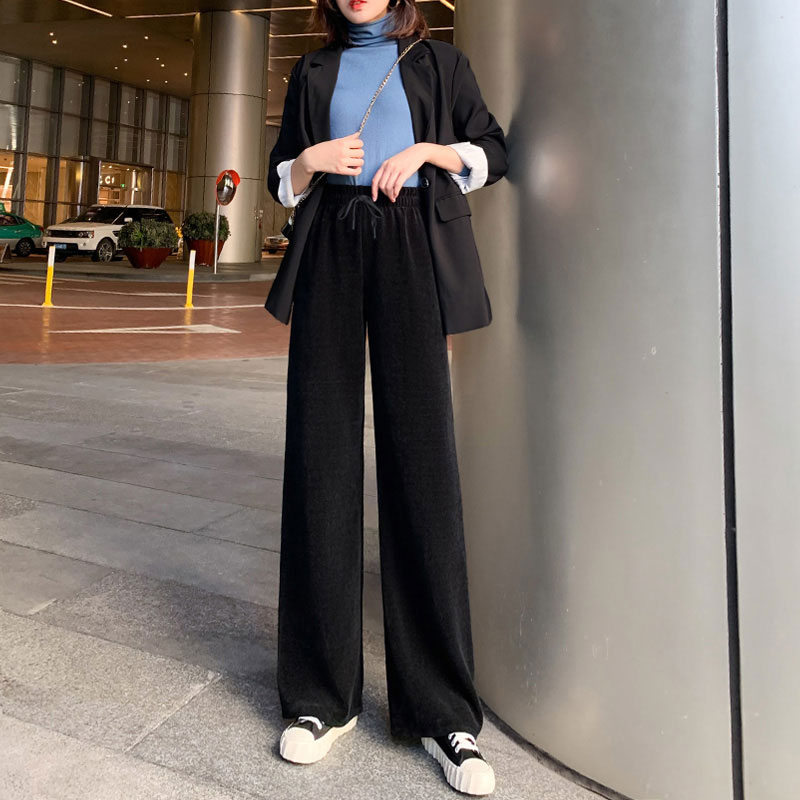 灯芯绒阔腿裤女秋冬裤子高腰垂感直筒宽松显瘦黑色加长加绒加厚