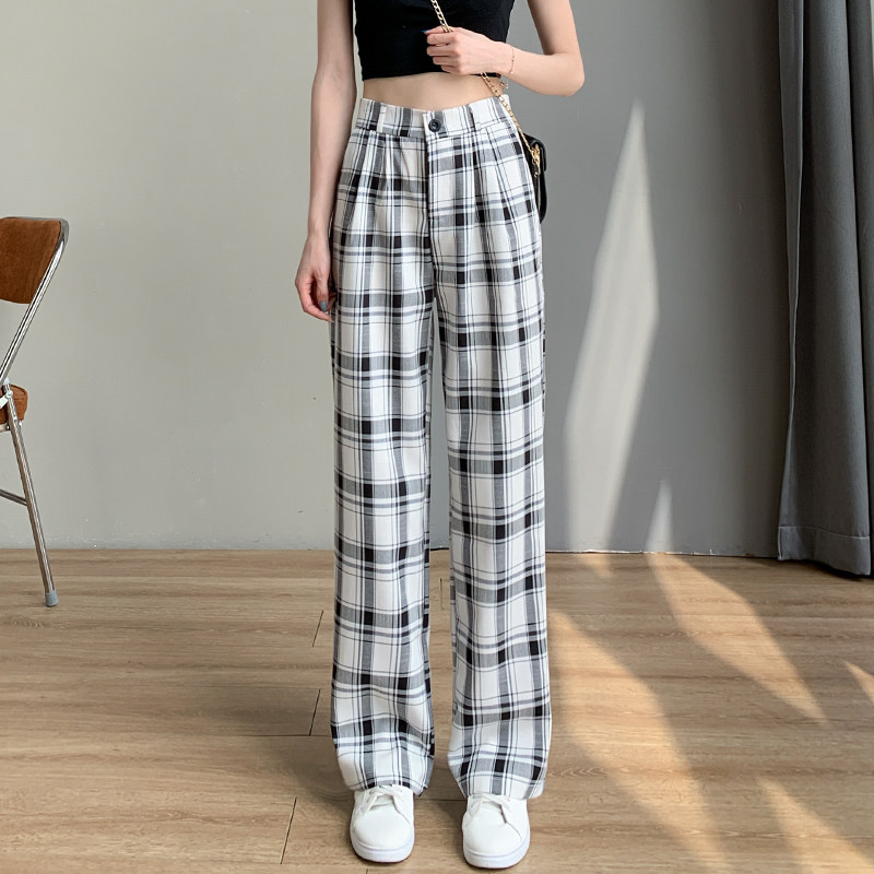 黑白格子裤女夏季薄款阔腿裤夏女裤高腰直筒休闲裤