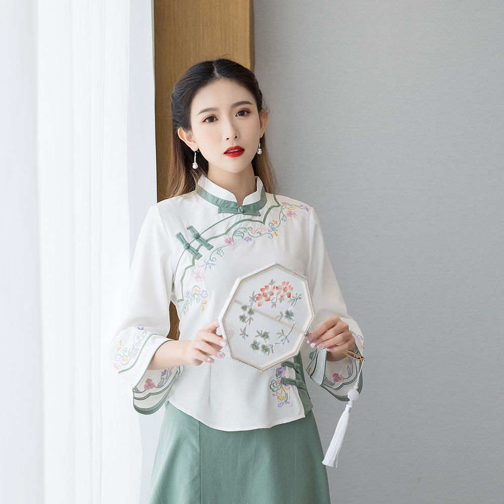 汉服女古装改良唐装古风旗袍上衣民国风刺绣复古棉麻套装茶艺服