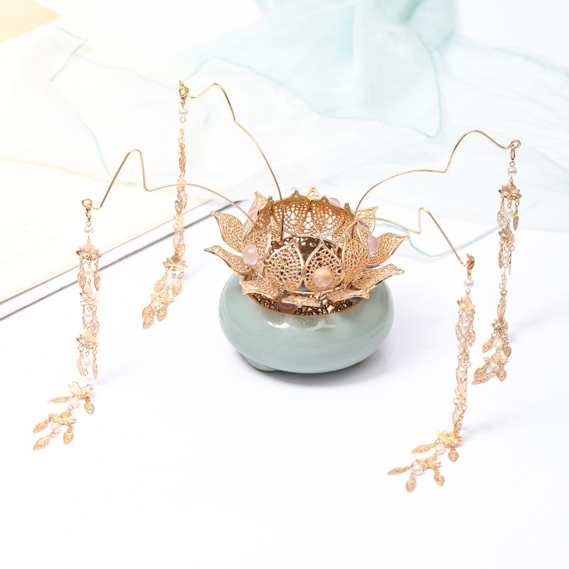 古风风发冠长流苏步摇汉服头饰莲花花冠发饰发饰